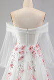 Floral Sparkly White A Line Tulle Long Sleeves Prom Dress with Sequins