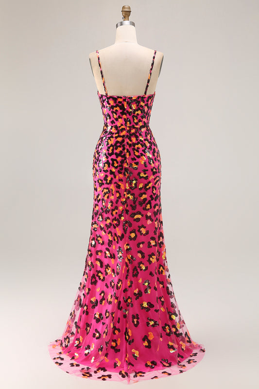 Sparkly Fuchsia Leopard Mermaid Long Prom Dress with Slit