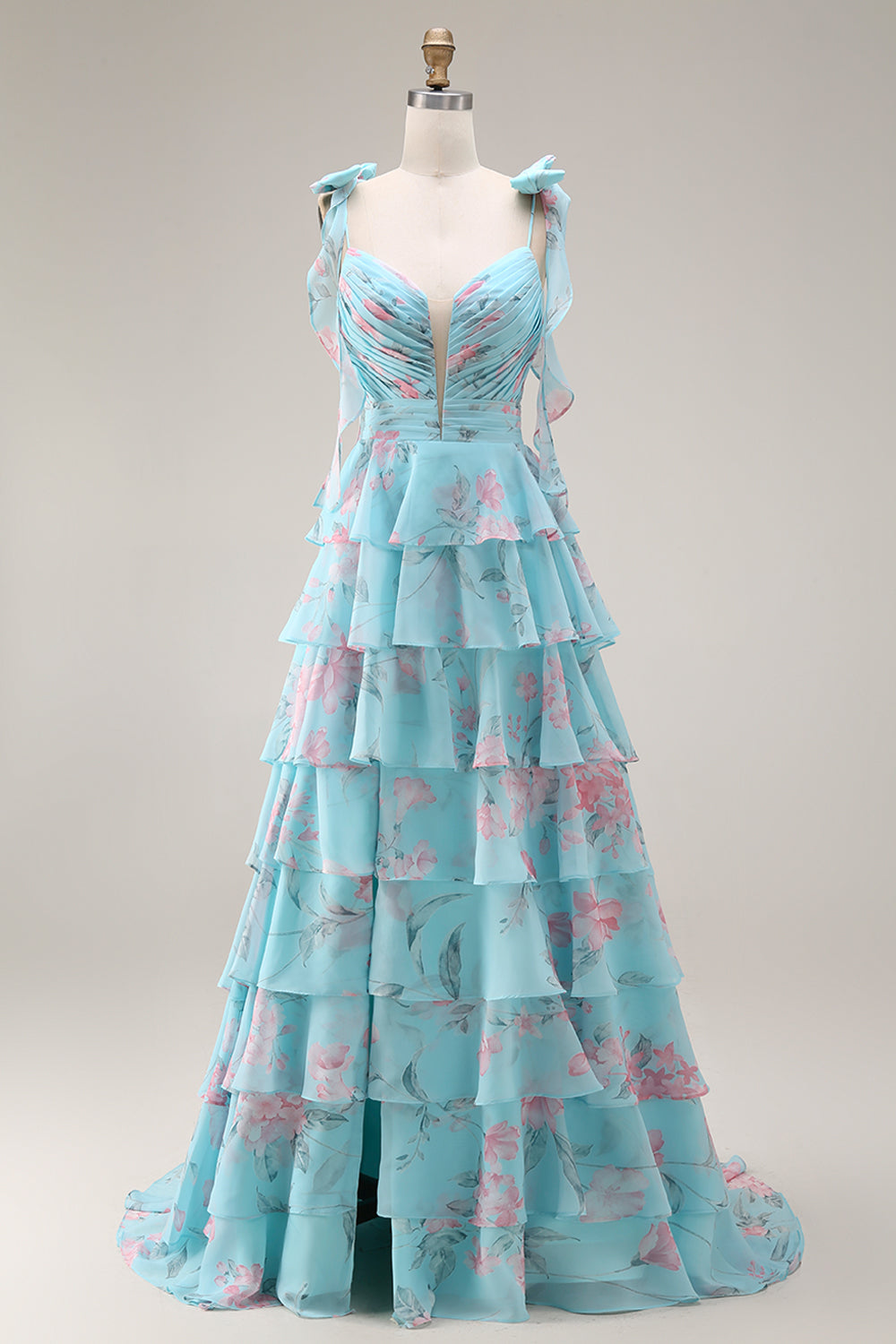 Blue and Pink Floral Spaghetti Straps Ruffled Long Prom Dress with Slit