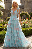 Blue and Pink Floral Spaghetti Straps Ruffled Long Prom Dress with Slit