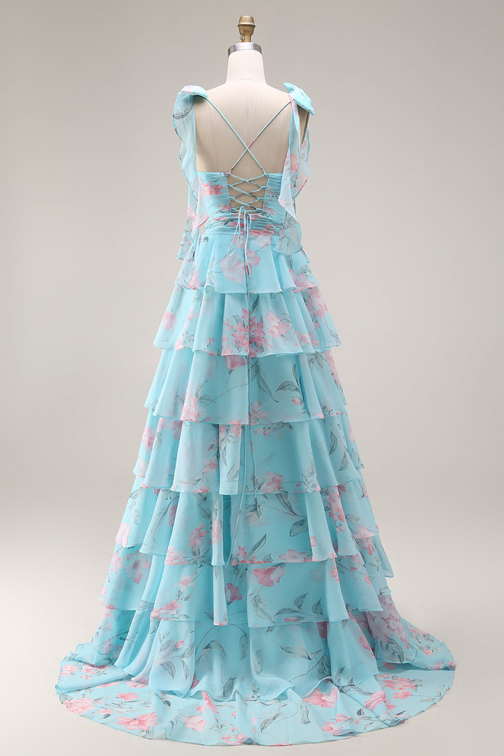 Blue and Pink Floral Spaghetti Straps Ruffled Long Prom Dress with Slit