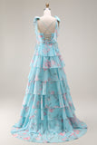 Blue and Pink Floral Spaghetti Straps Ruffled Long Prom Dress with Slit