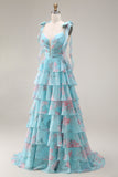 Blue and Pink Floral Spaghetti Straps Ruffled Long Prom Dress with Slit