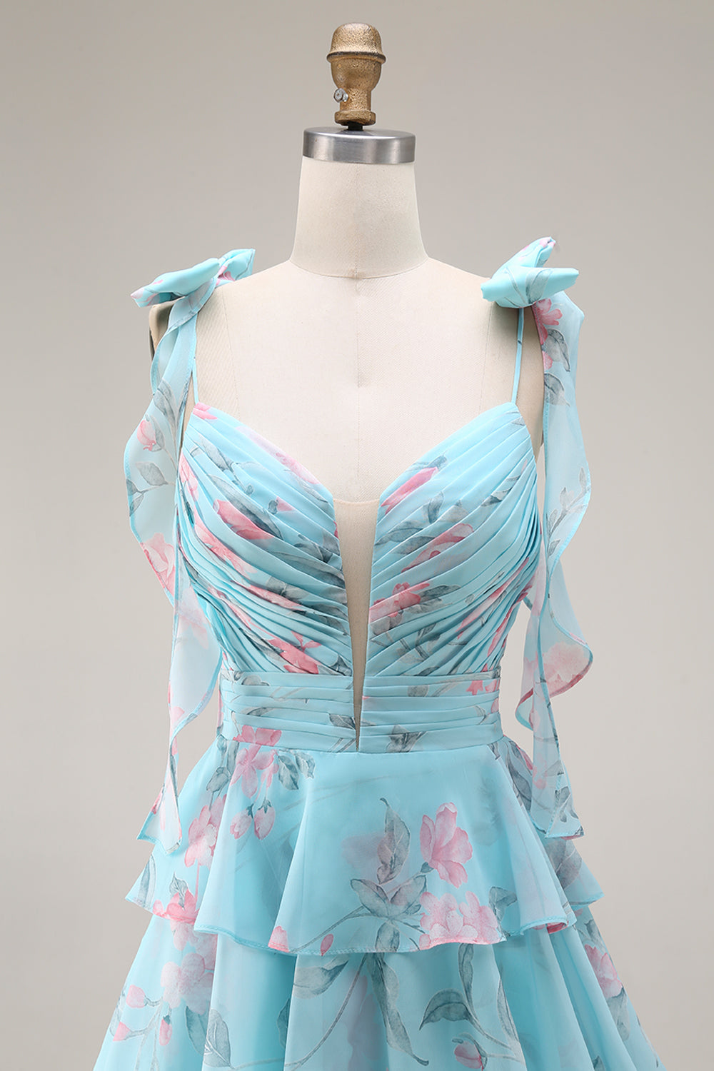 Blue and Pink Floral Spaghetti Straps Ruffled Long Prom Dress with Slit