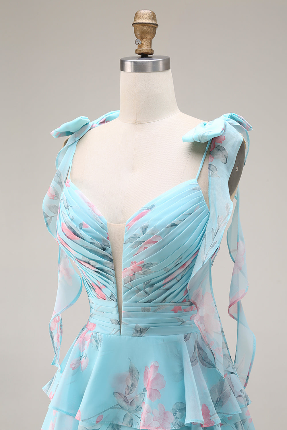 Blue and Pink Floral Spaghetti Straps Ruffled Long Prom Dress with Slit