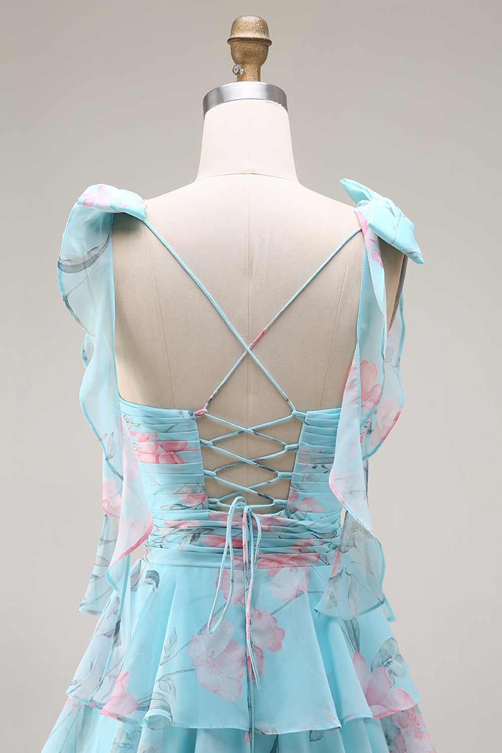 Blue and Pink Floral Spaghetti Straps Ruffled Long Prom Dress with Slit