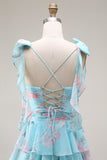 Blue and Pink Floral Spaghetti Straps Ruffled Long Prom Dress with Slit