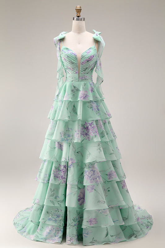 Green and Purple Floral Ruffled Spaghetti Straps Long Prom Dress with Slit