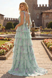 Blue and Pink Floral Spaghetti Straps Ruffled Long Prom Dress with Slit