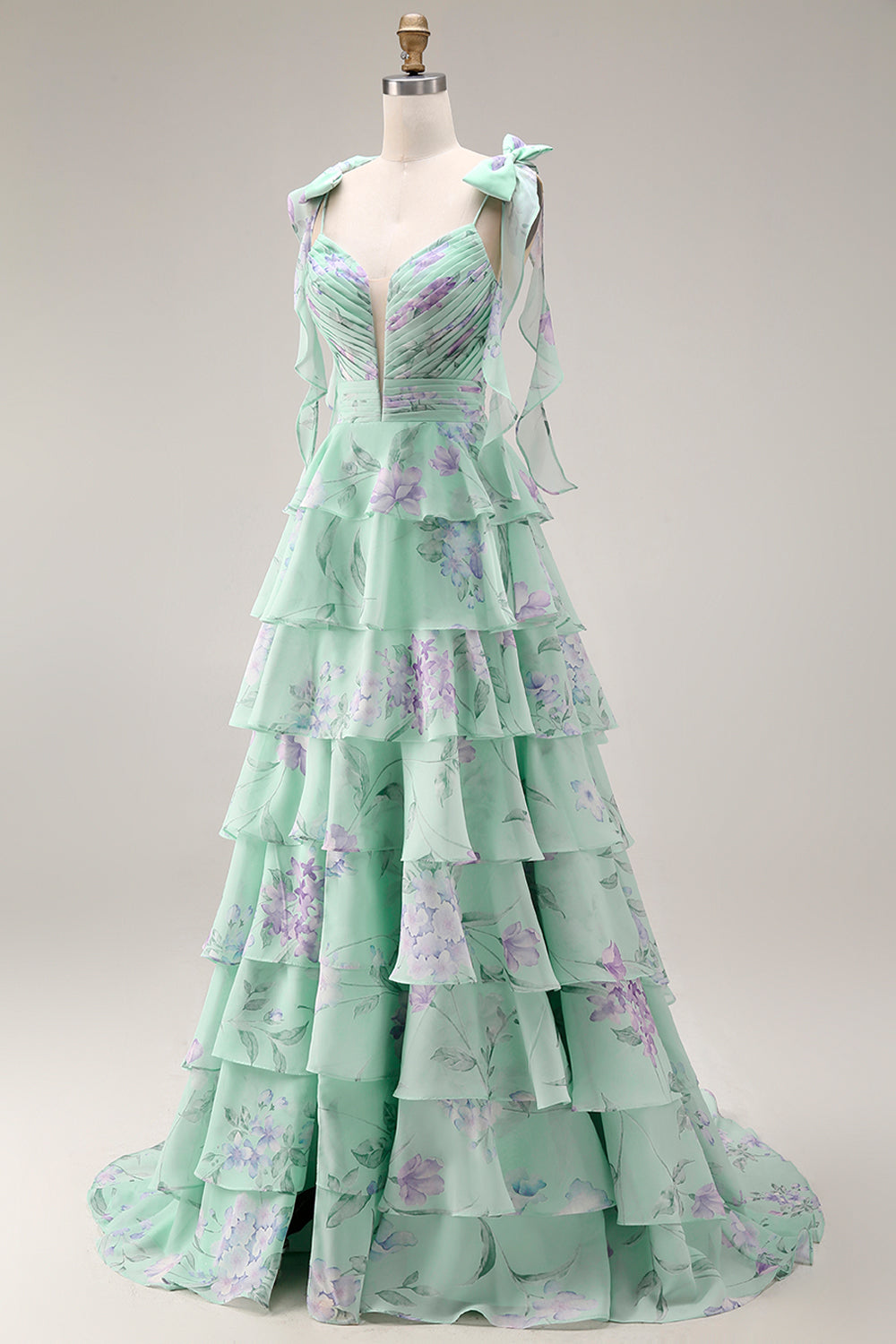 Blue and Pink Floral Spaghetti Straps Ruffled Long Prom Dress with Slit