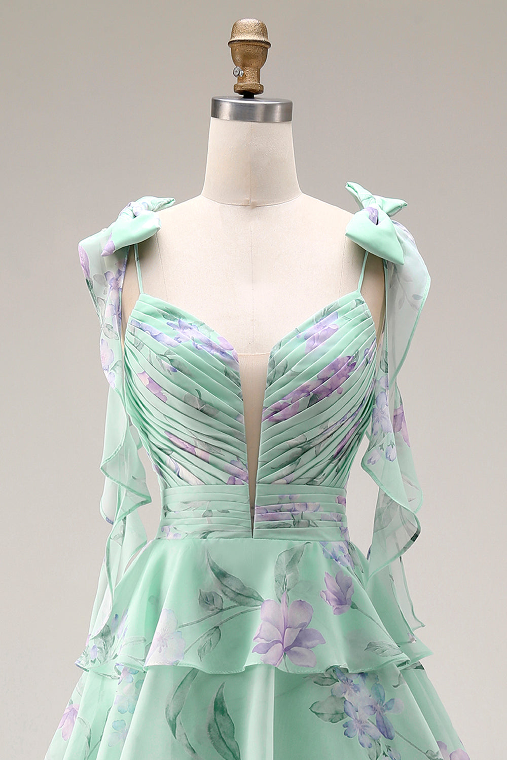 Blue and Pink Floral Spaghetti Straps Ruffled Long Prom Dress with Slit