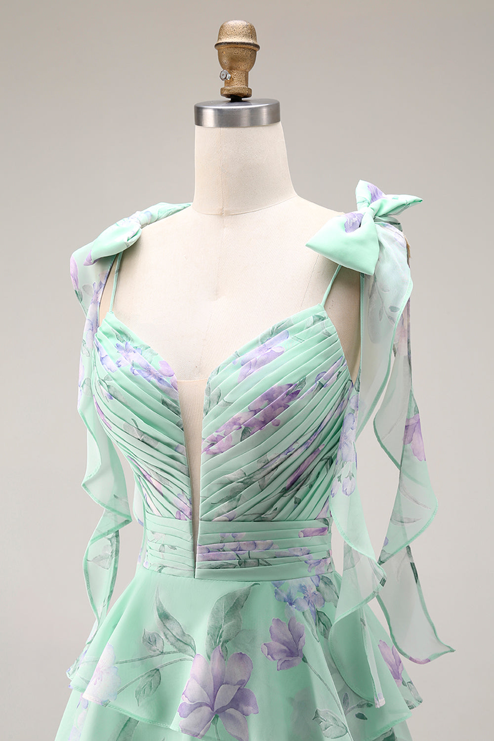 Blue and Pink Floral Spaghetti Straps Ruffled Long Prom Dress with Slit