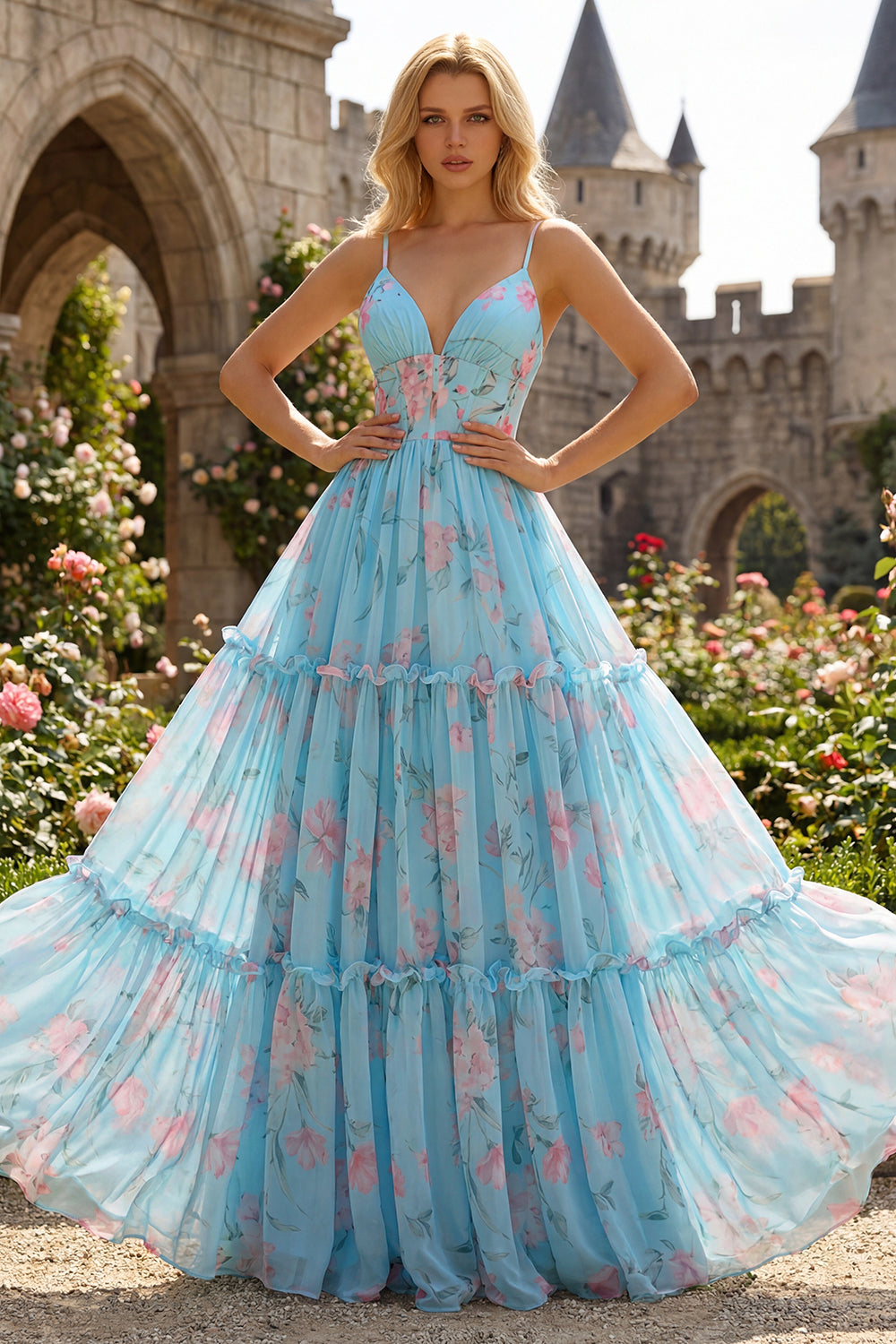 Floral Blue and Pink Spaghetti Straps A Line Long Corset Prom Dress