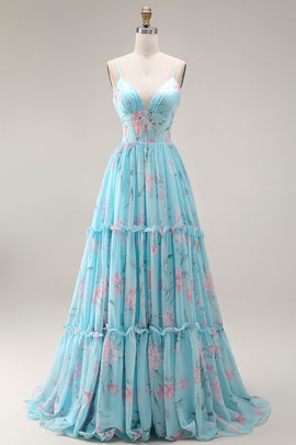 Floral Blue and Pink Spaghetti Straps A Line Long Corset Prom Dress