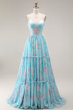 Floral Blue and Pink Spaghetti Straps A Line Long Corset Prom Dress