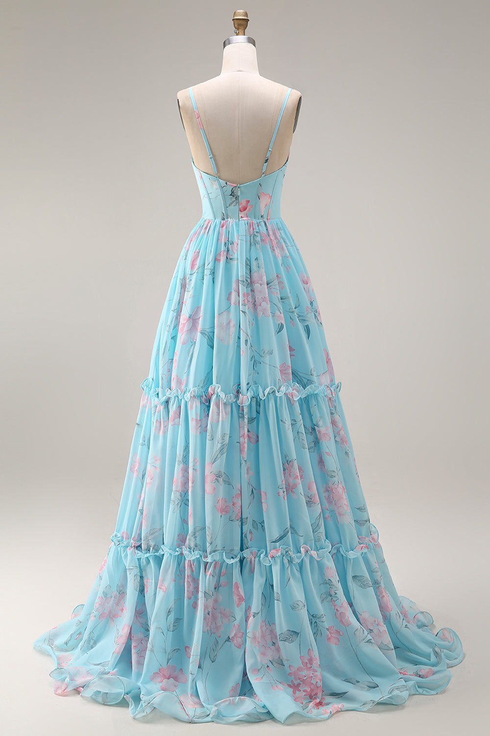 Floral Blue and Pink Spaghetti Straps A Line Long Corset Prom Dress