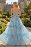 Floral Blue and Pink Spaghetti Straps A Line Long Corset Prom Dress