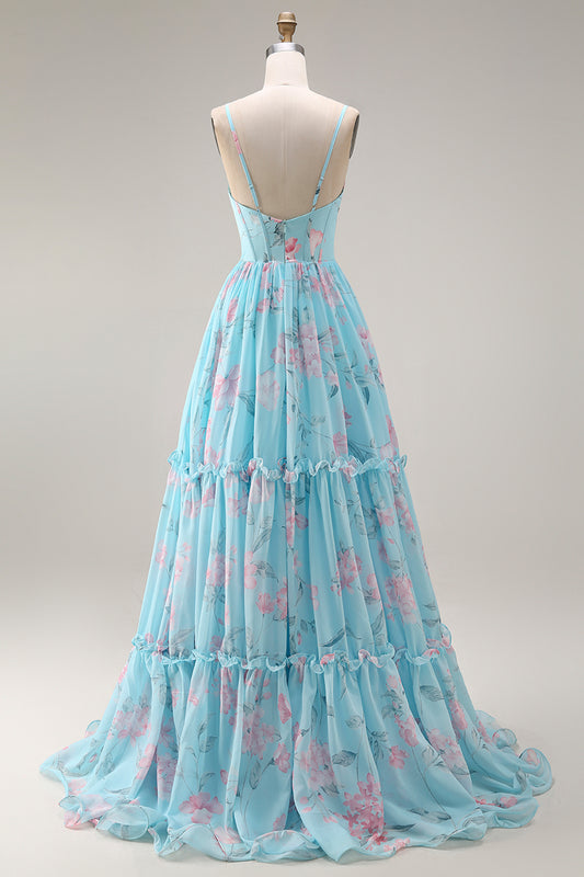 Floral Blue and Pink Spaghetti Straps A Line Long Corset Prom Dress