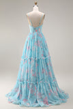 Floral Blue and Pink Spaghetti Straps A Line Long Corset Prom Dress