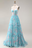 Floral Blue and Pink Spaghetti Straps A Line Long Corset Prom Dress