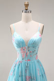 Floral Blue and Pink Spaghetti Straps A Line Long Corset Prom Dress