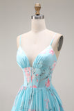 Floral Blue and Pink Spaghetti Straps A Line Long Corset Prom Dress