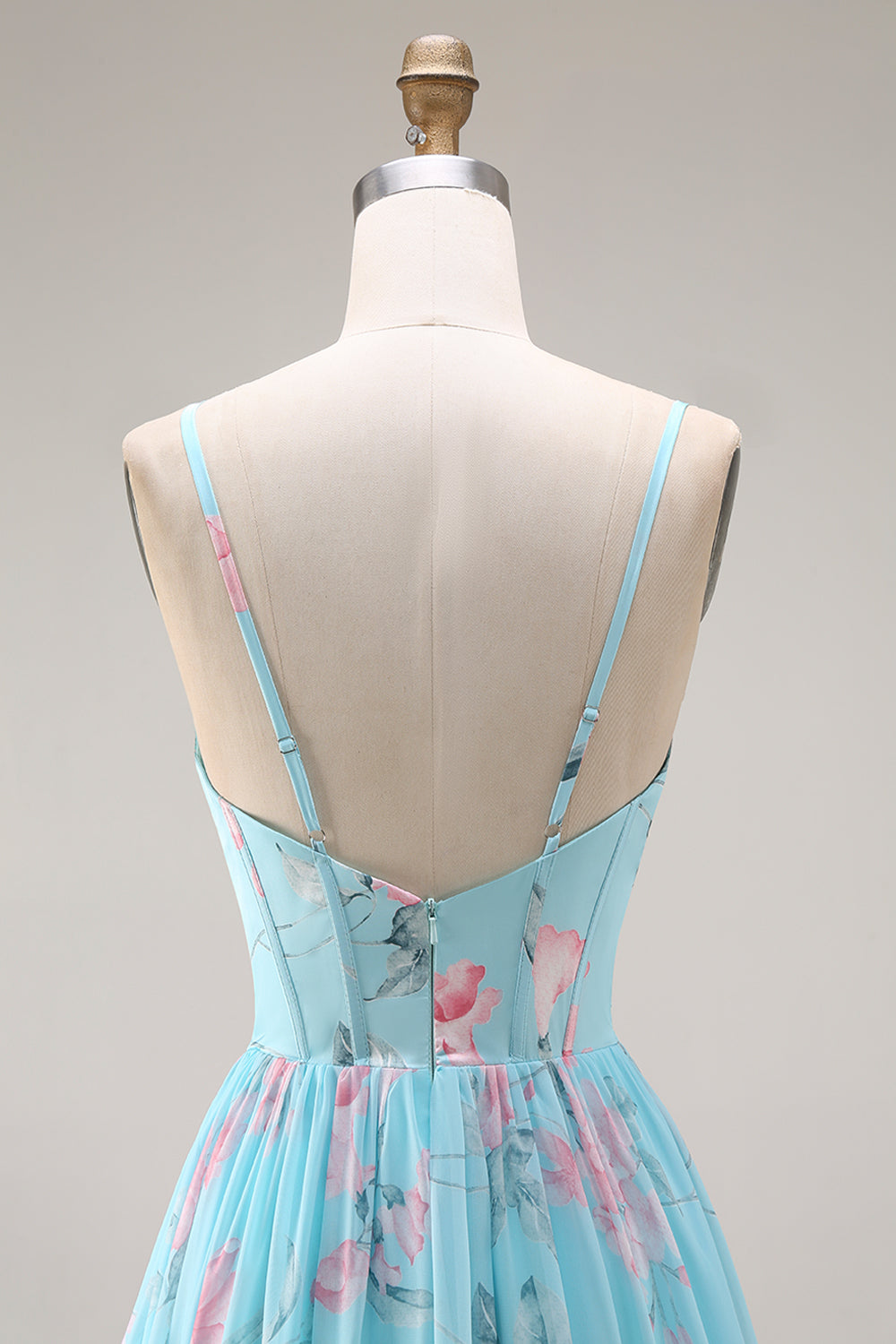 Floral Blue and Pink Spaghetti Straps A Line Long Corset Prom Dress