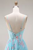 Floral Blue and Pink Spaghetti Straps A Line Long Corset Prom Dress