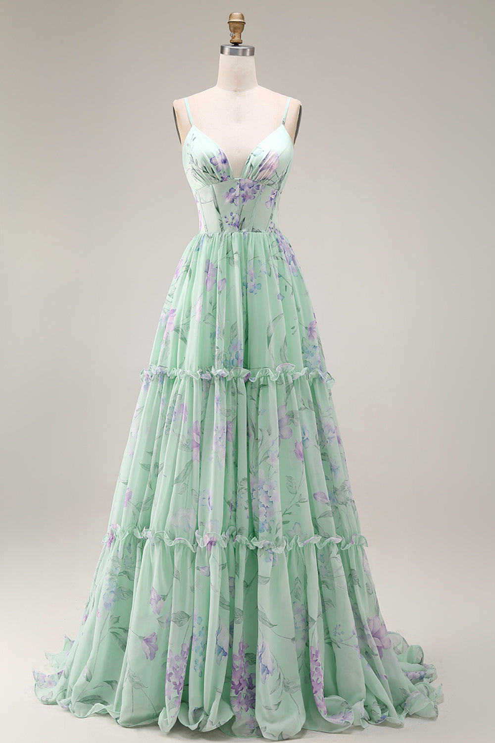 Floral Blue and Pink Spaghetti Straps A Line Long Corset Prom Dress