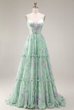 Floral Blue and Pink Spaghetti Straps A Line Long Corset Prom Dress