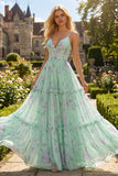 Floral Blue and Pink Spaghetti Straps A Line Long Corset Prom Dress