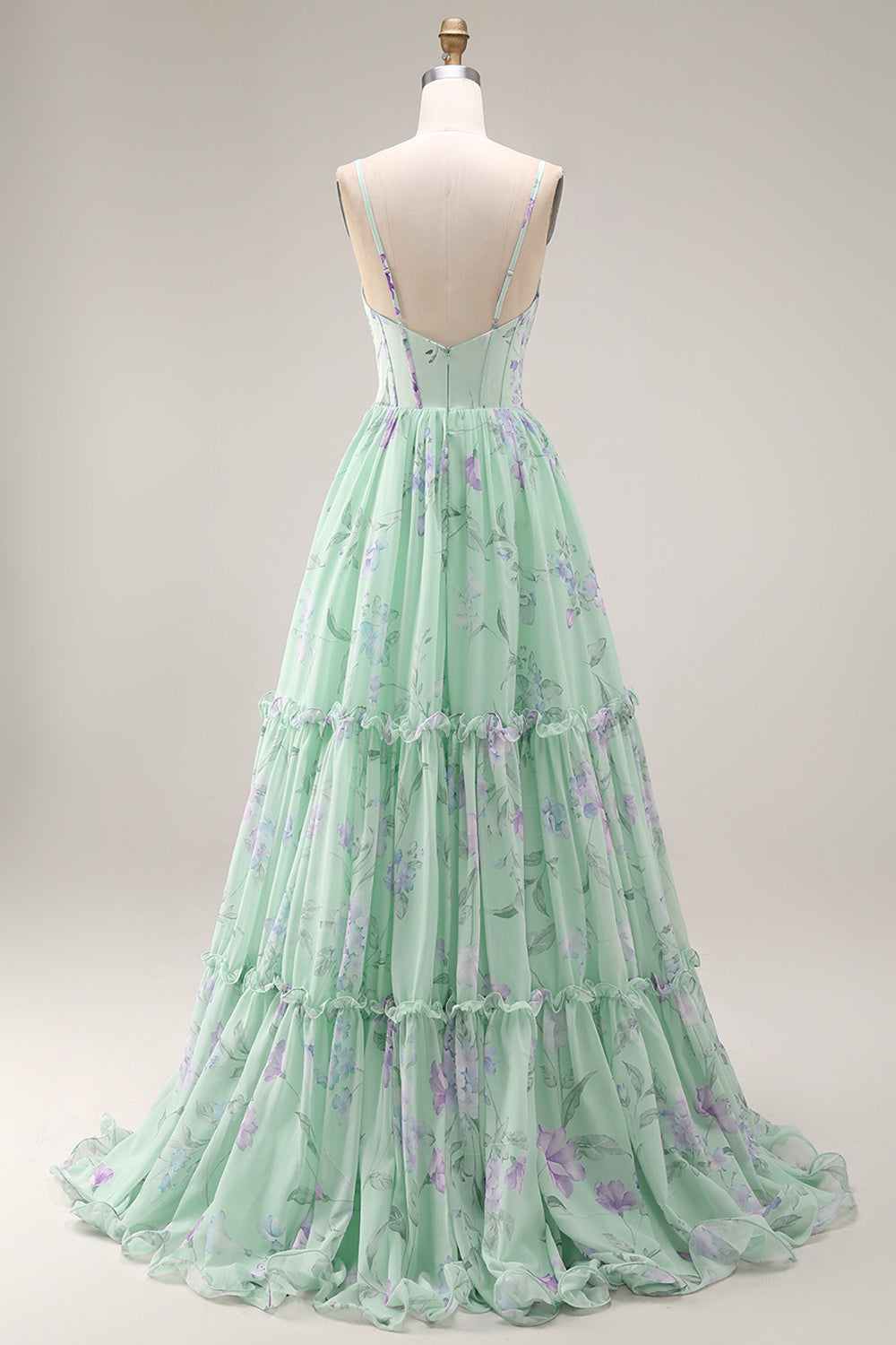 Floral Blue and Pink Spaghetti Straps A Line Long Corset Prom Dress