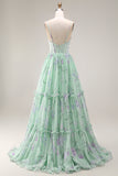 Floral Blue and Pink Spaghetti Straps A Line Long Corset Prom Dress