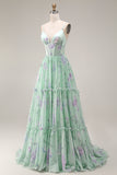Floral Blue and Pink Spaghetti Straps A Line Long Corset Prom Dress