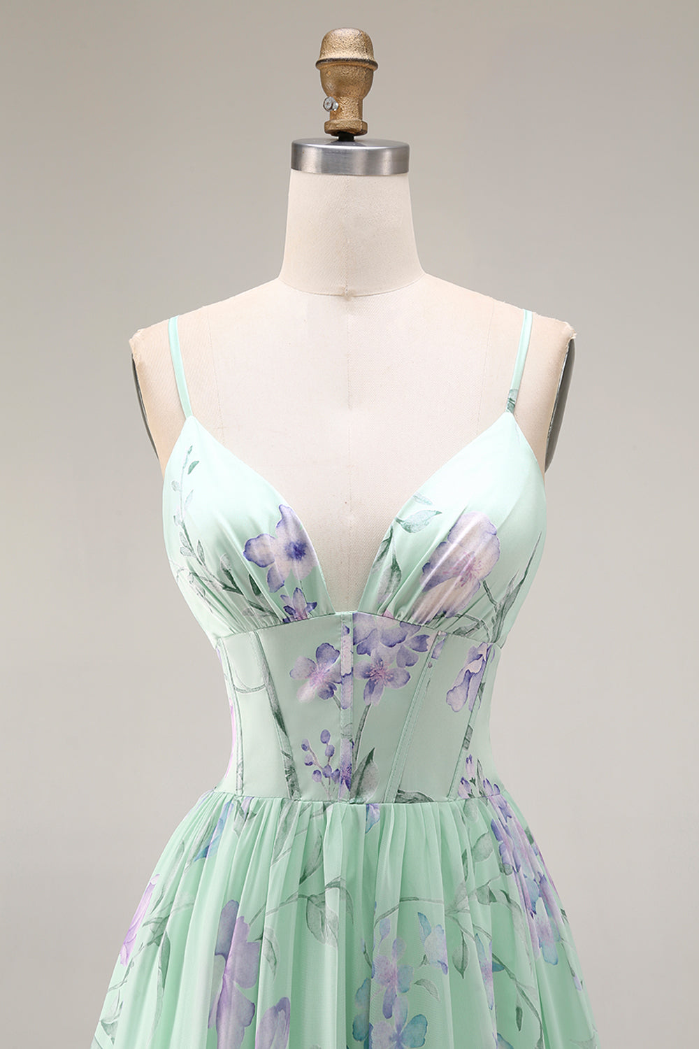 Floral Blue and Pink Spaghetti Straps A Line Long Corset Prom Dress