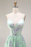 Floral Blue and Pink Spaghetti Straps A Line Long Corset Prom Dress