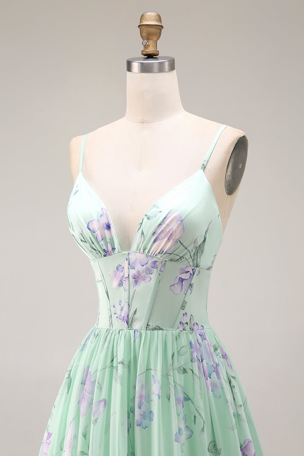 Floral Blue and Pink Spaghetti Straps A Line Long Corset Prom Dress