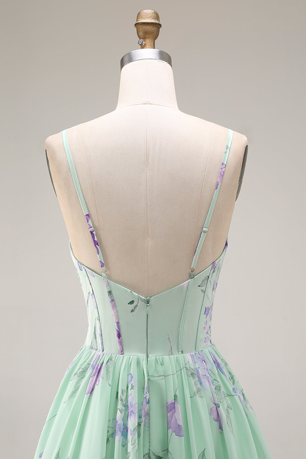 Floral Blue and Pink Spaghetti Straps A Line Long Corset Prom Dress