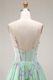 Floral Blue and Pink Spaghetti Straps A Line Long Corset Prom Dress