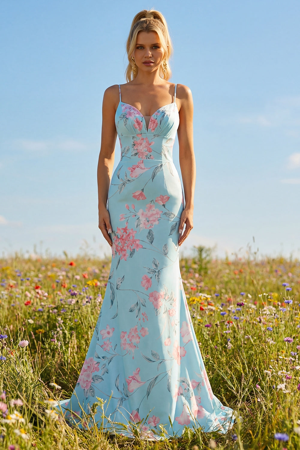 Green and Purple Floral Mermaid Ruffled Spaghetti Straps Long Prom Dress