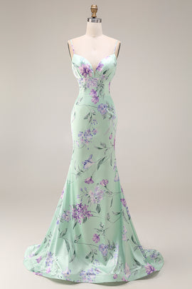 Green and Purple Floral Mermaid Ruffled Spaghetti Straps Long Prom Dress