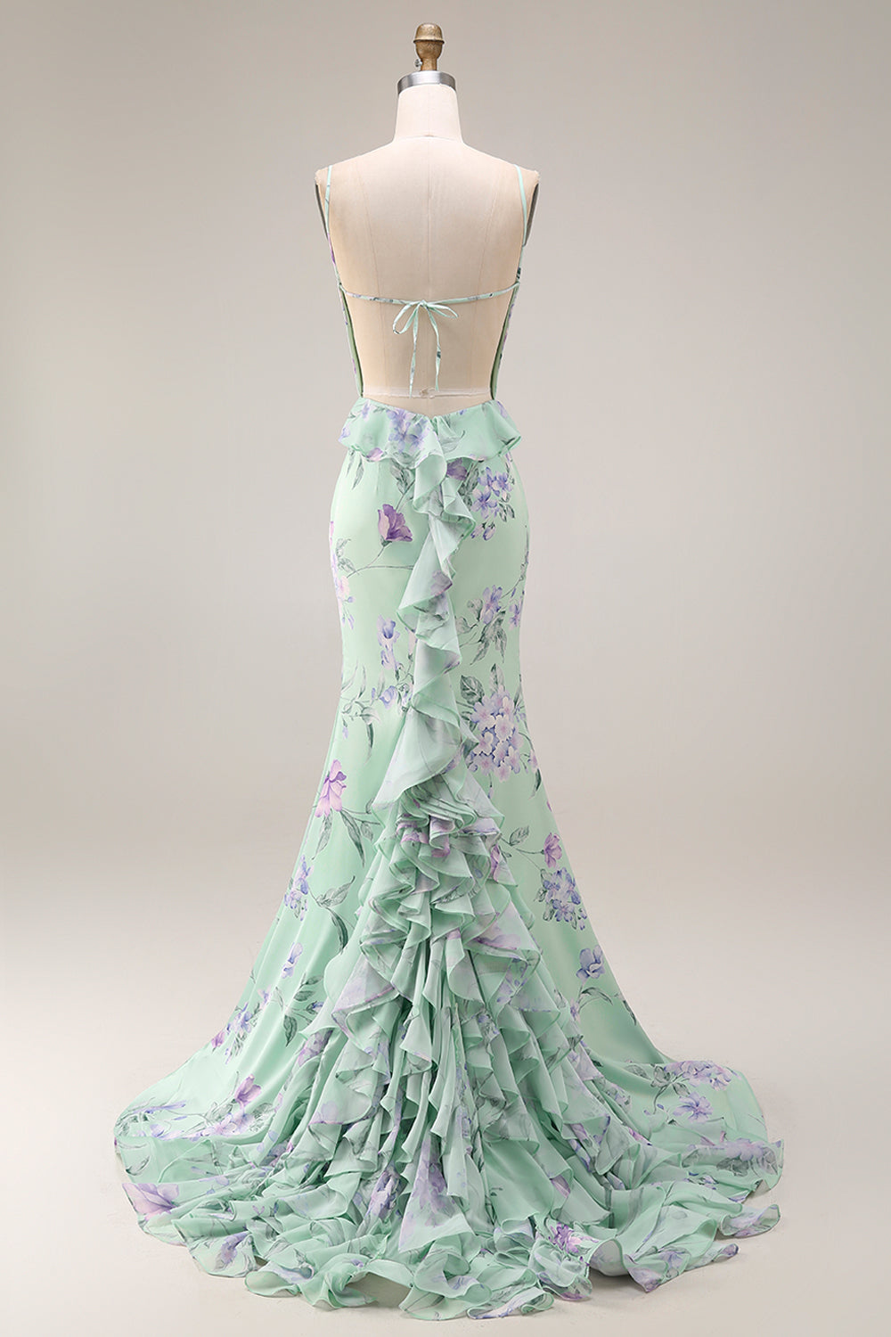 Green and Purple Floral Mermaid Ruffled Spaghetti Straps Long Prom Dress