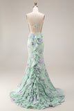 Green and Purple Floral Mermaid Ruffled Spaghetti Straps Long Prom Dress