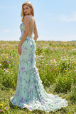 Green and Purple Floral Mermaid Ruffled Spaghetti Straps Long Prom Dress