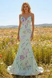 Green and Purple Floral Mermaid Ruffled Spaghetti Straps Long Prom Dress