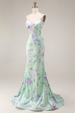 Green and Purple Floral Mermaid Ruffled Spaghetti Straps Long Prom Dress