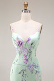 Green and Purple Floral Mermaid Ruffled Spaghetti Straps Long Prom Dress