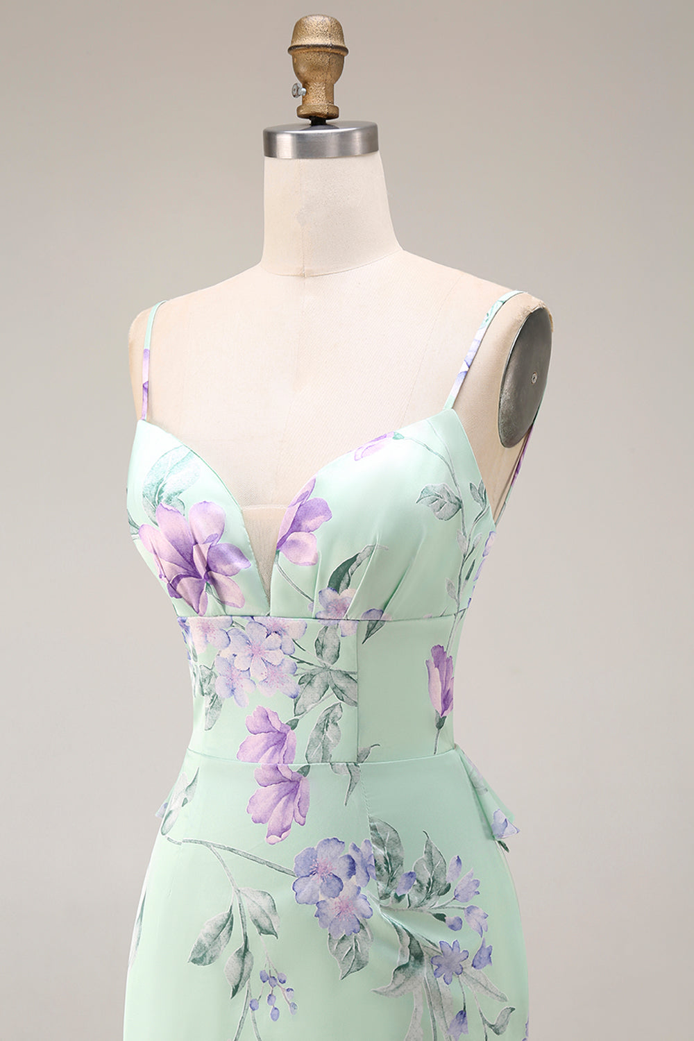 Green and Purple Floral Mermaid Ruffled Spaghetti Straps Long Prom Dress