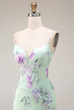 Green and Purple Floral Mermaid Ruffled Spaghetti Straps Long Prom Dress