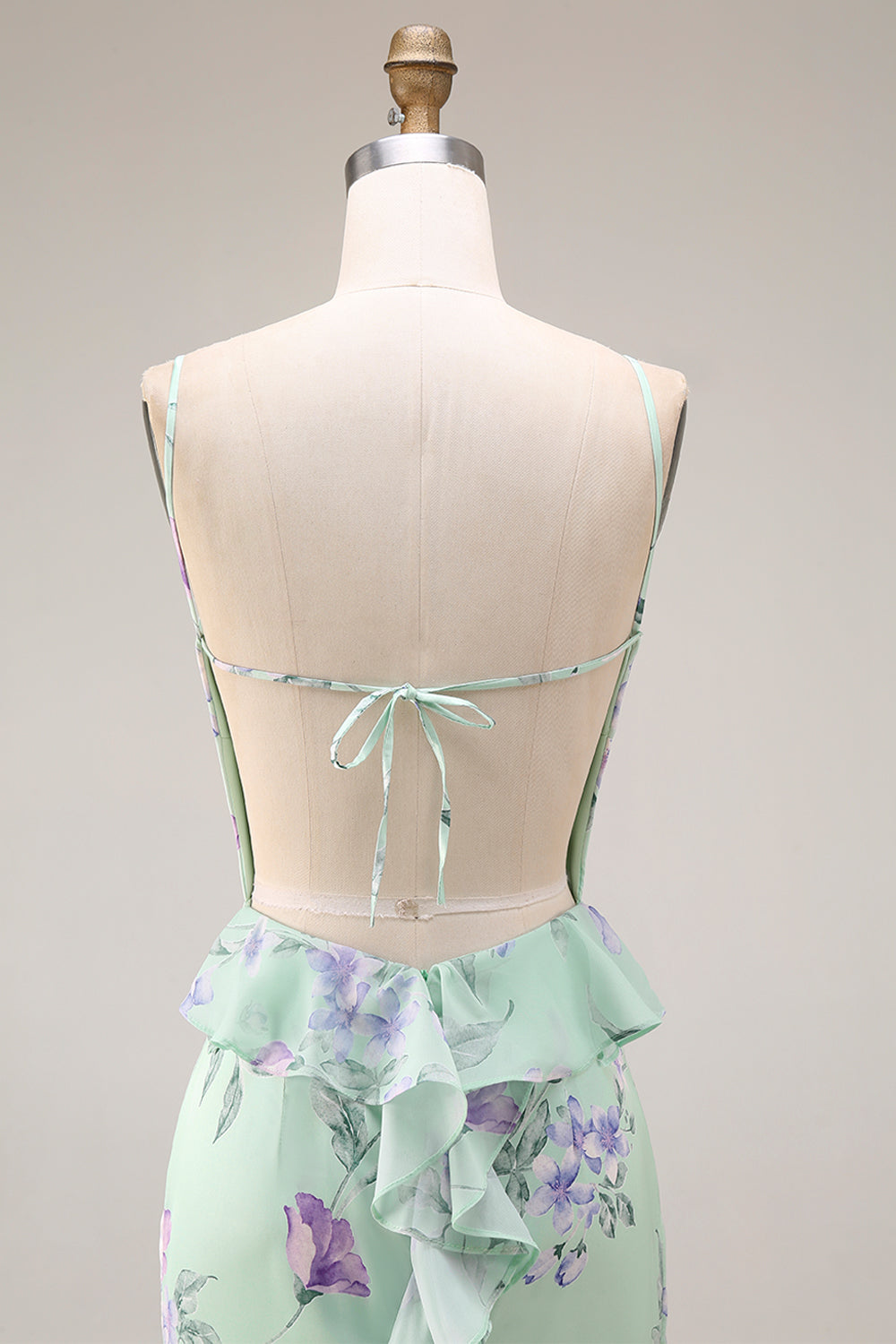 Green and Purple Floral Mermaid Ruffled Spaghetti Straps Long Prom Dress